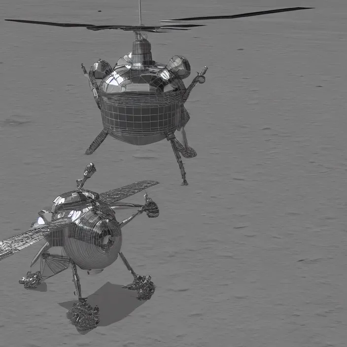 Prompt: a 3 d render of a metallic astronaut helicopter on the moon, 8 k, realistic, dynamic, artstation, digital art