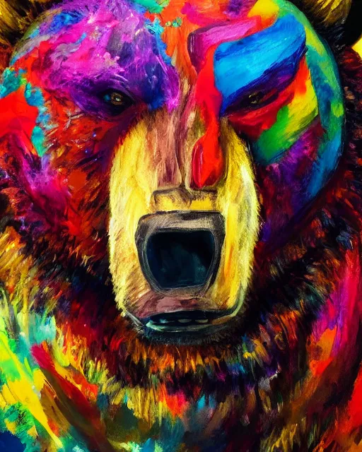 Image similar to a head and shoulder portrait of bear beast-man painted in the colorful and expressive style of Kotwdq, trending on Artstation 8k photorealistic