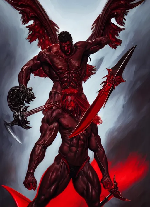 Prompt: portrait of aggressive demonic damned heracles slaying an angel, d & d, muscular! athetic slim bodybuilder, red and black, futuristic, fantasy, intricate, elegant, highly detailed, digital painting, artstation, concept art, smooth, sharp focus, illustration, art by artgerm and greg rutkowski and alphonse mucha