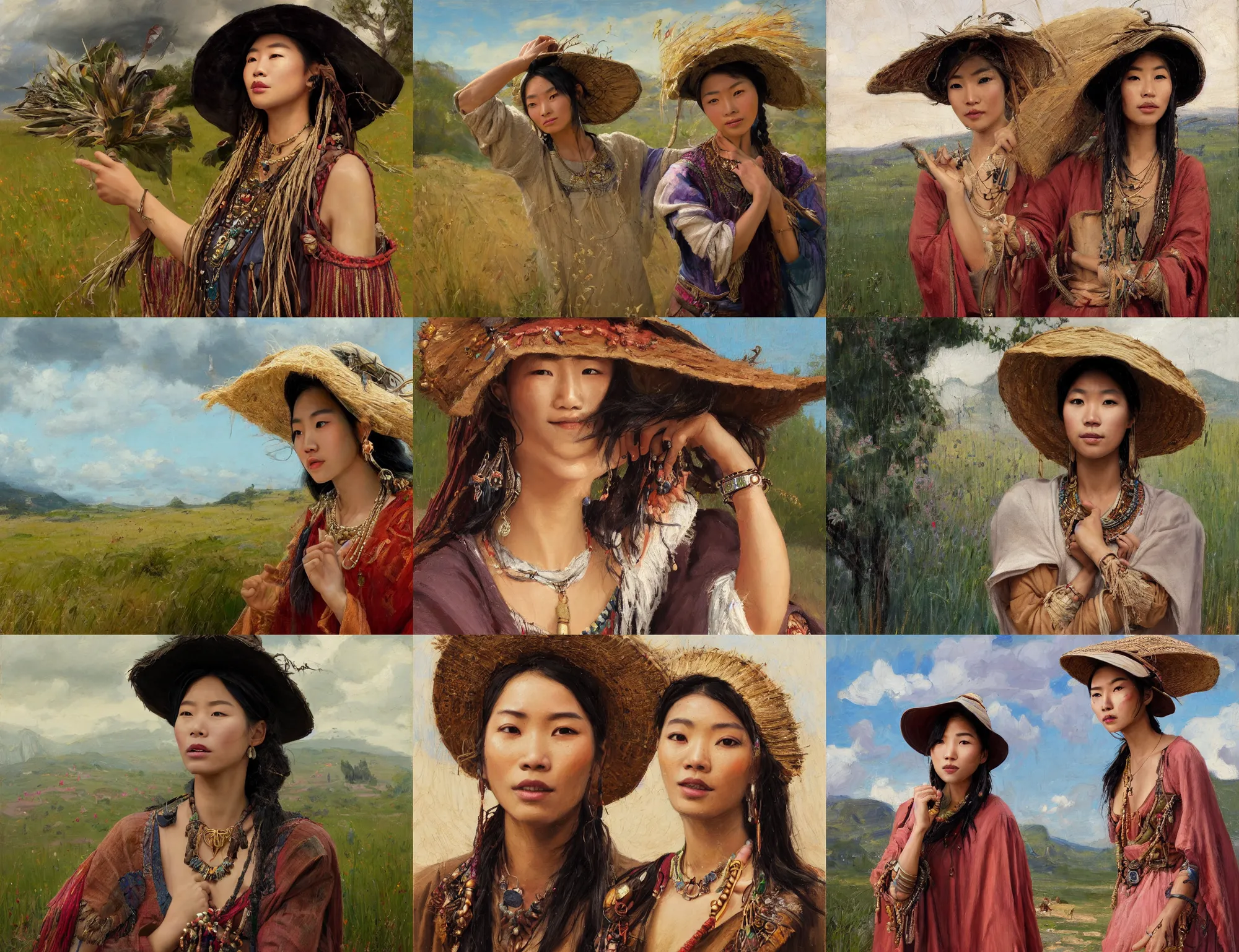 Prompt: portrait of medieval farmer fashionable young asian woman with wooden jewelry, frantic dancing pose, deep decollete, mediterranean features, wearing rich jewerly and hat and boho poncho, shaman witch, fantasy character close up portrait, low view, extremely strong wind, thunder clouds in the sky, artwork by Jeremy Lipkin and Giuseppe Dangelico Pino and Michael Garmash and rob rey, levitation, industrial rusty pipes, simple form, brutal shapes