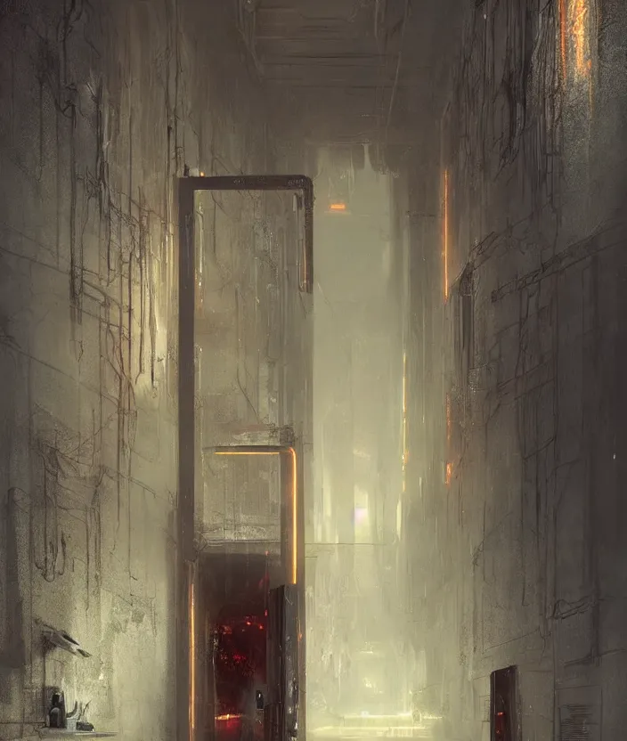 Prompt: a highly detailed epic cinematic concept art cg render digital painting artwork of a dark hallway, at the end there is a mysterious door with a neonsign by greg rutkowski, in the style of francis bacon and syd mead and norman rockwell and beksinski