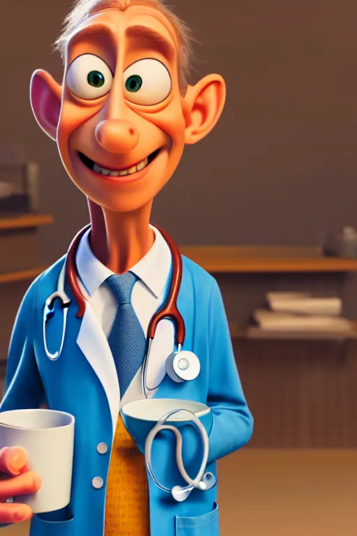 Prompt: portrait of the crazy doctor holding a cup of coffee over his head, hospital in background, full body. pixar disney 4 k 3 d render funny animation movie oscar winning trending on artstation and behance. ratatouille style.