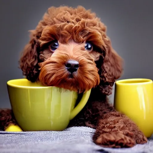 Image similar to very realistic cute brown poodle puppy sitting inside a tea cup