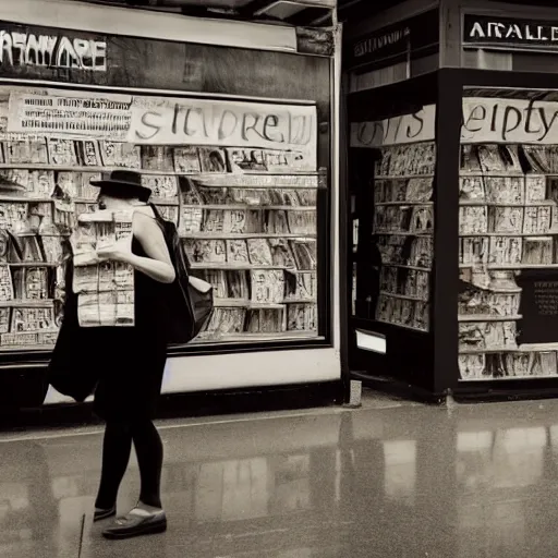 Prompt: a woman wearing a fedora, buying a newspaper from a stand in the city in the rain, ultra realistic trending on ArtStation Unreal Engine