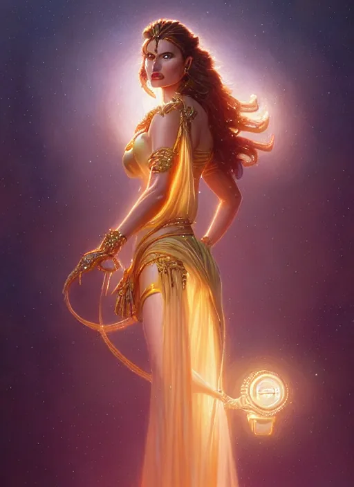 Image similar to geena davis as hera, intricate, elegant, glowing lights, highly detailed, digital painting, artstation, glamor pose, concept art, smooth, sharp focus, illustration, art by artgerm and greg rutkowski, artey freytag