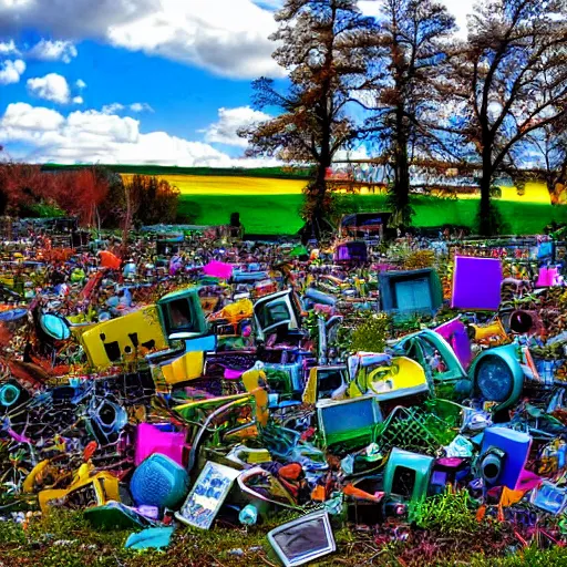 Prompt: colorful bliss windows xp screensaver with many broken dilapidated old computers graveyard, wide angle lens