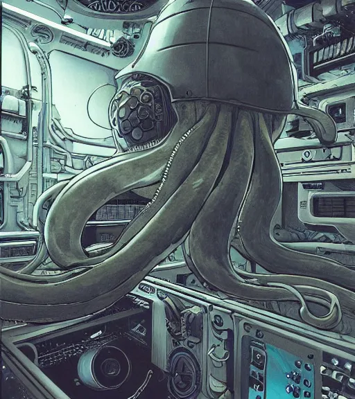 Image similar to a cybernetic realistic octopus in a space station, techwear, Industrial Scifi, detailed illustration, character portrait, by Martin Grip and Moebius