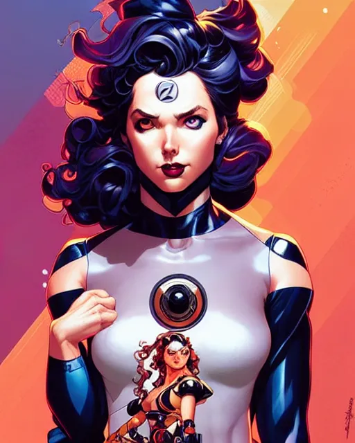 Image similar to artgerm, joshua middleton and sandra chevrier comic cover art, full body betty page as pretty female space pirate, symmetrical eyes, long curly hair, beautiful, rim lighting, vivid colors