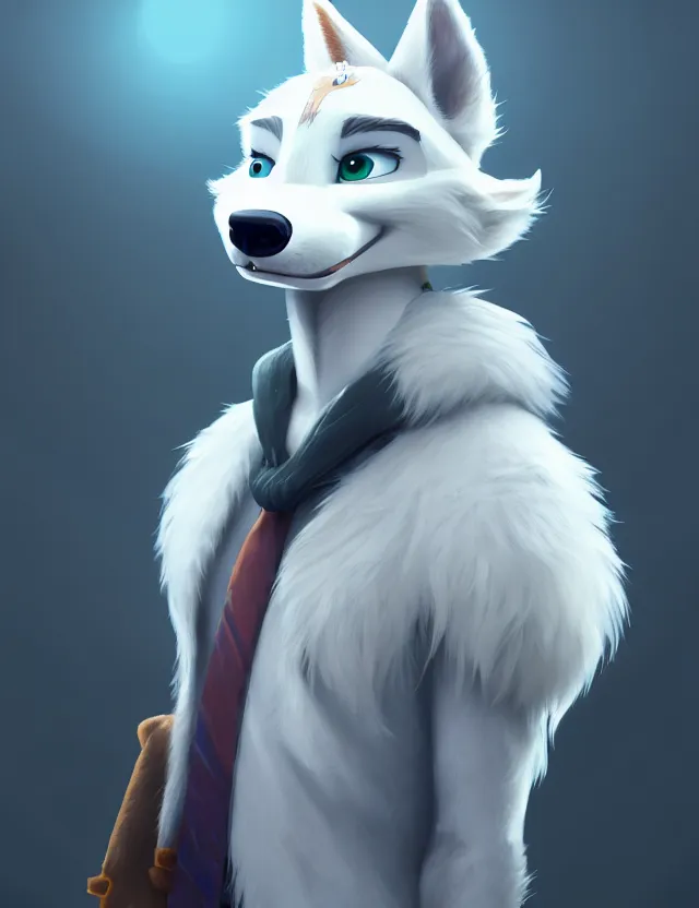 Image similar to portrait of cute male anthropomorphic white wolf in the style of zootopia in cyberpunk city, volumetric light, artstation, concept art, 8 k, high detail, perfect