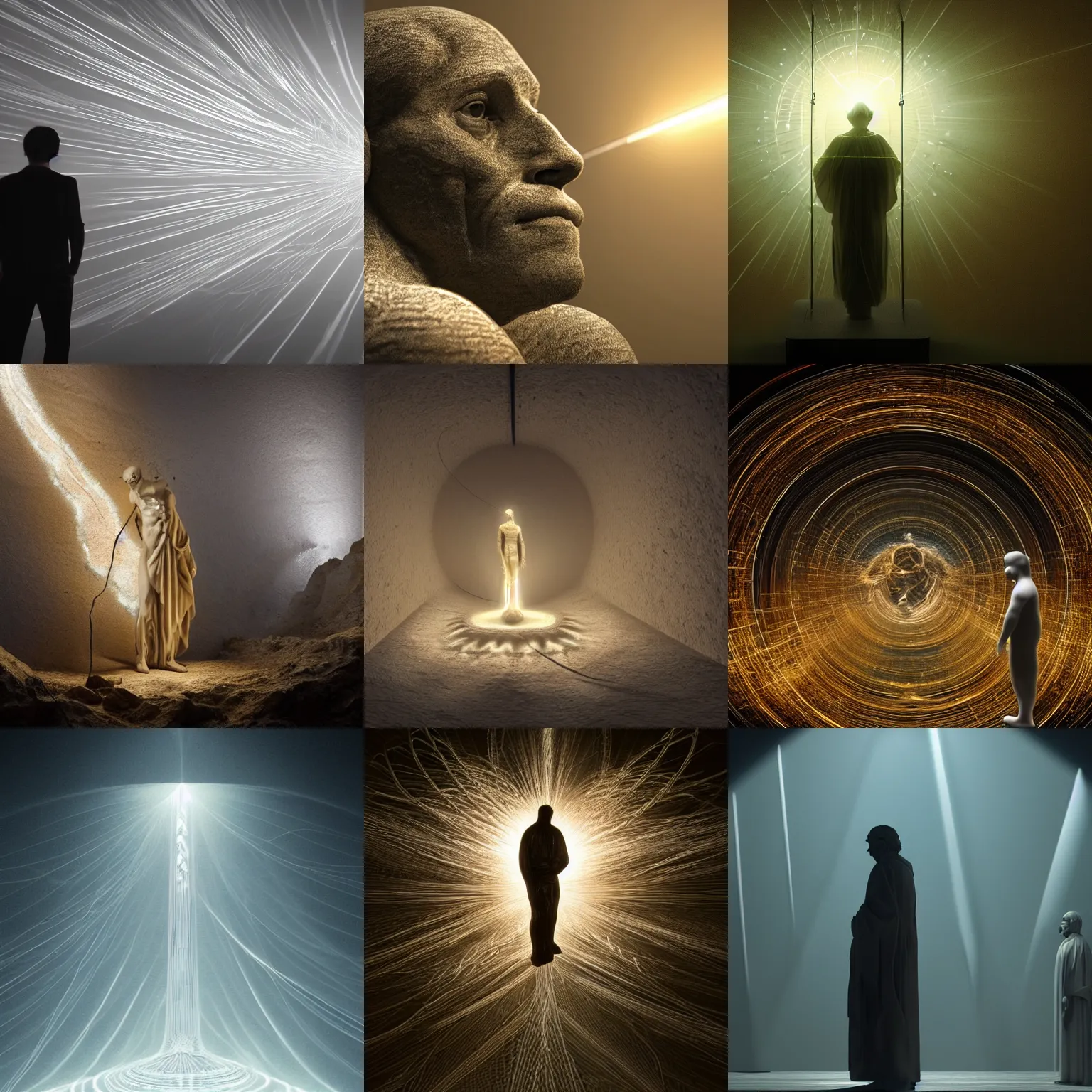 Prompt: all the steps of the evolution of man, shown over a line, under supervision of the lord, the lord looks, the lord connects using a wire made of light. symbolic picture, raytracing, dreamy, sharp focus, cinematic lighting, highly detailed, artstation, divine, by gauthier leblanc, kazuya takahashi, huifeng huang, michael angelo