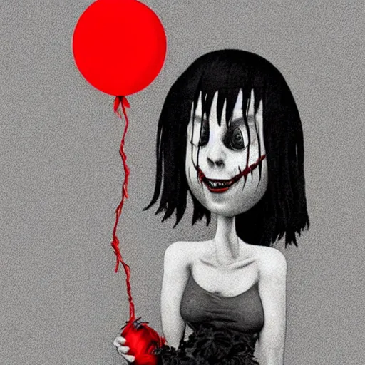 Prompt: pixel art of Billie eilish with a wide smile and a red balloon by Zdzisław Beksiński, loony toons style, pennywise style, corpse bride style, creepy lighting, horror theme, detailed, elegant, intricate, conceptual, volumetric light