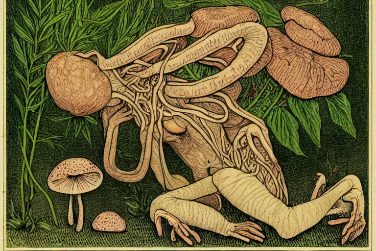 Image similar to a page from an old botany book of a woman with mushrooms sprouting all over her skin who looks distressed. in the style of franz kafka the metamorphosis. trending on artstation.