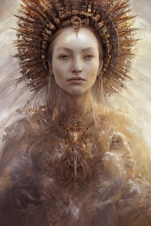 Prompt: a beautiful detailed cgi matte painting female tanned skinned empress of light, by ellen jewett, tomasz alen kopera and justin gerard | symmetrical, native american, solemn, realism, intricate, ornate, royally decorated, halo, gilding, gilded, whirling smoke, particles, gold adornments, white splendid fabric, radiant colors