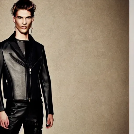 Prompt: a editorial photo of a male model wearing a alexander mcqueen medieval cropped leather menswear jacket