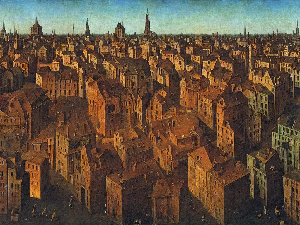 Prompt: The periphery, Communist neighborhood in the afternoon. Painting by Jan van Eyck, Rene Magritte, Jean Delville, Max Ernst, Beksinski