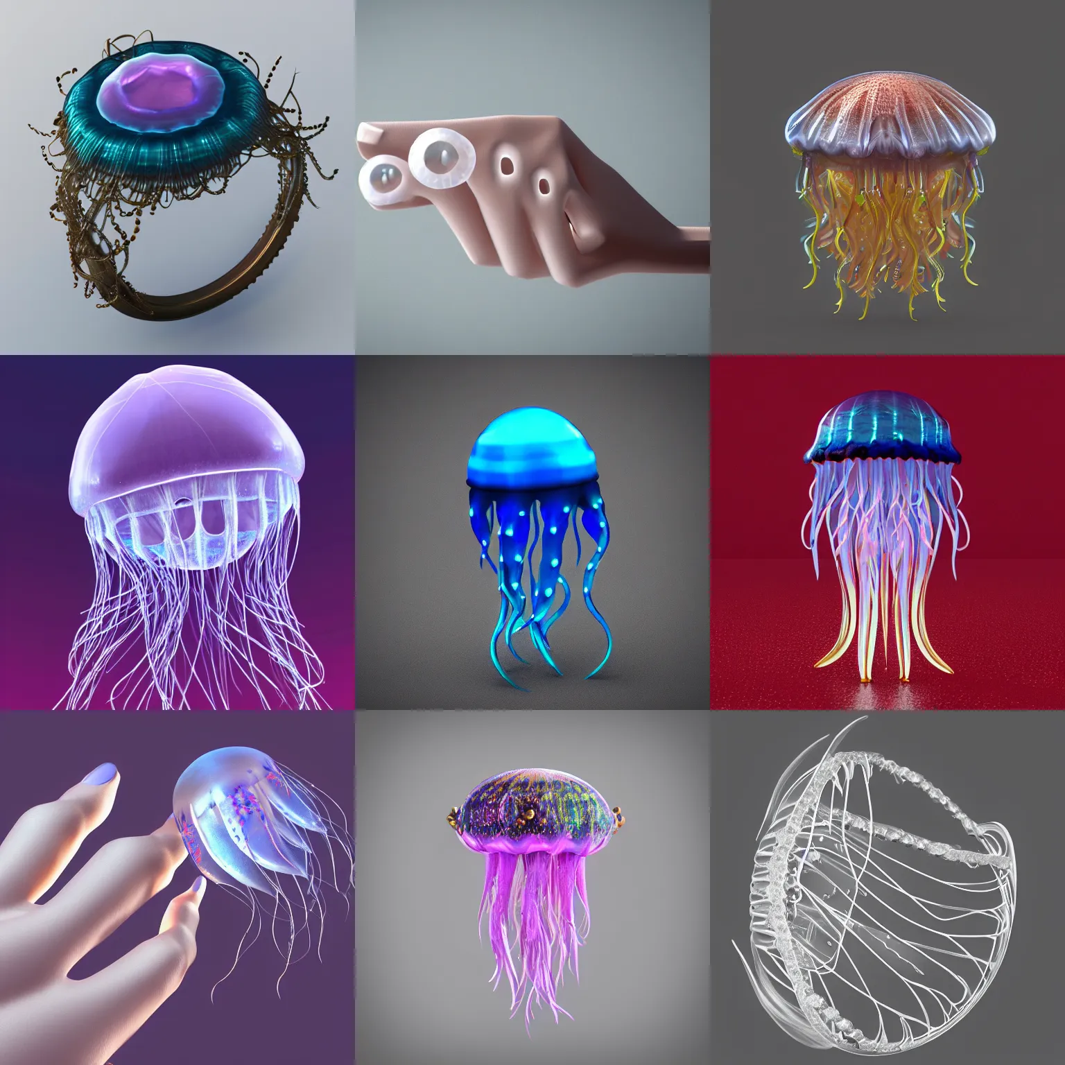 Prompt: a fancy jellyfish ring in finger, show it, real, fashionable, funny, y 2 k style, c 4 d, octane render