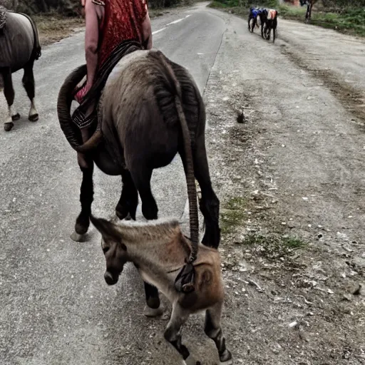 Image similar to dashcam footage of a gopnic slavsquatting on a donkey, eastern european, 4 k, 1 6 k, 8 k, hd, high resolution