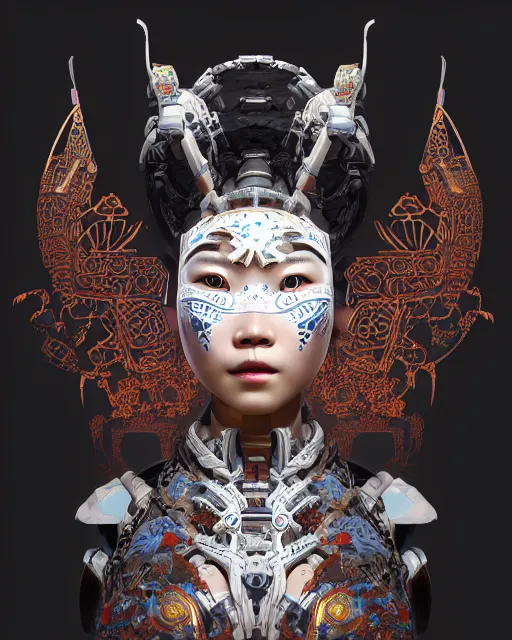 Prompt: portrait of a machine from horizon zero dawn, machine face, upper half portrait, decorated with chinese opera motifs, asian, bian lian, traditional chinese art, intricate, elegant, highly detailed, symmetry, digital painting, artstation, concept art, smooth, sharp focus, illustration, art by artgerm and greg rutkowski and alphonse mucha, 8 k