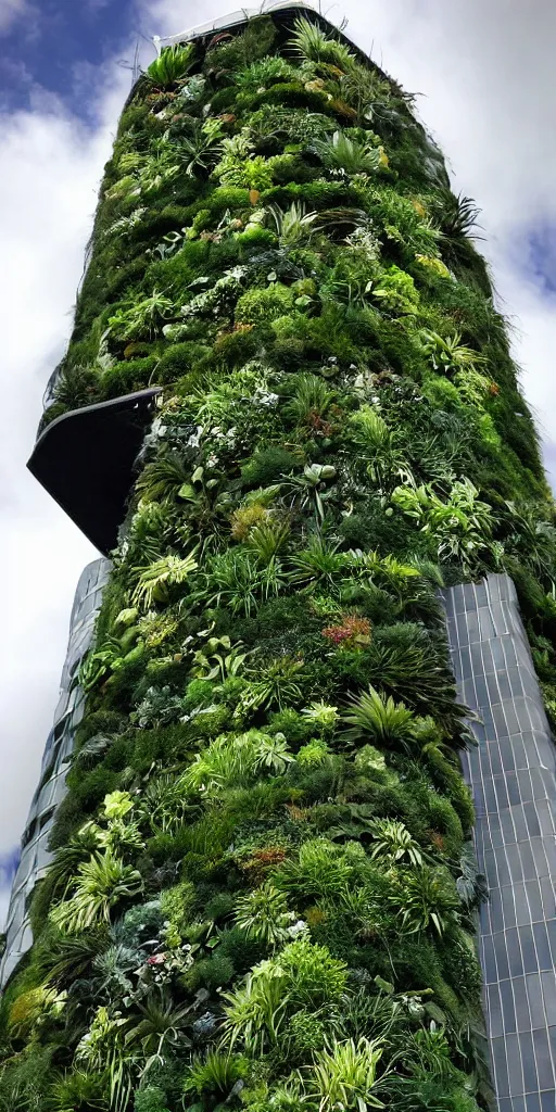 Prompt: the auckland sky tower covered in a living wall made from nz endemic plants. patric blanc