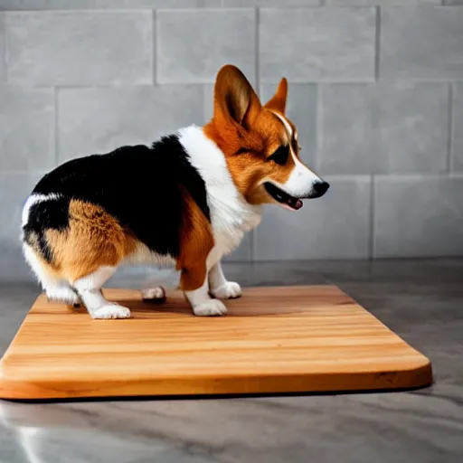 Prompt: a corgi using a cutting board