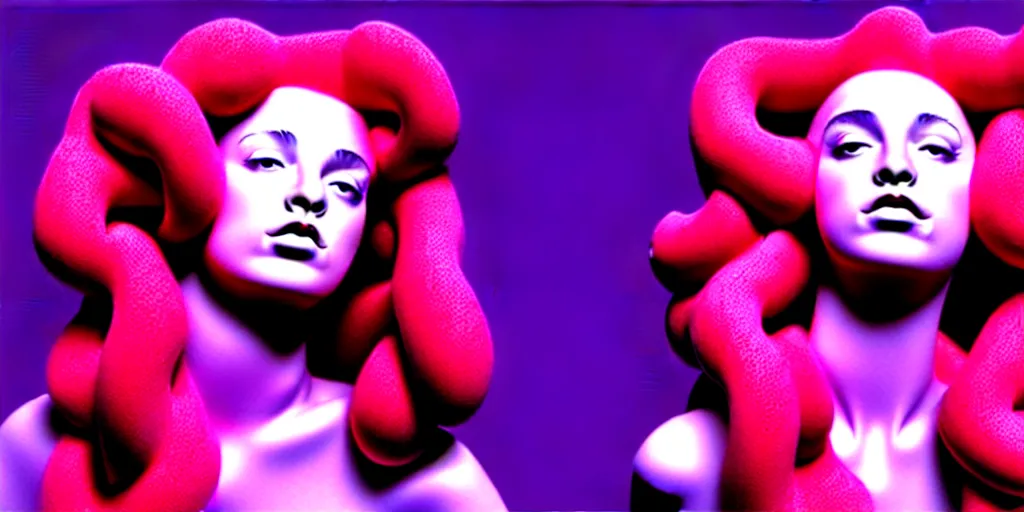 Prompt: modern sculpture, young woman as medusa as miranda sings, multiple poses, vaporwave, low resolution video from 2 0 0 3