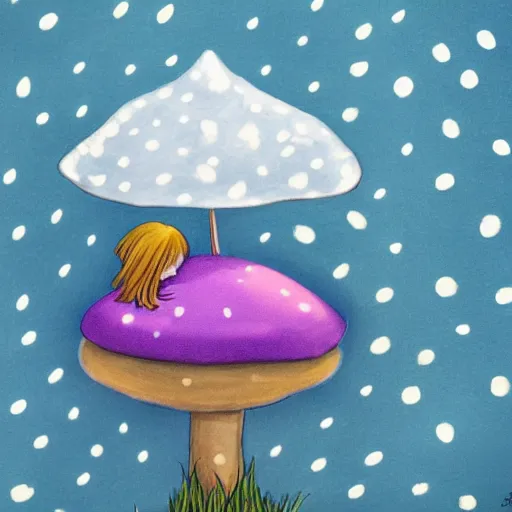 Image similar to A girl sleeping under a giant blue toadstool, raining, somber, high detail,