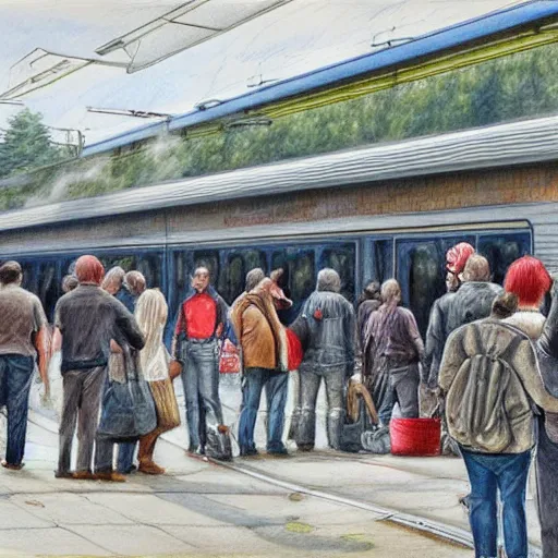 Image similar to A beautiful drawing of a group of people waiting at a railway station. The people in the artwork are all waiting for a train that is about to arrive. burnt umber by Heather Theurer monumental