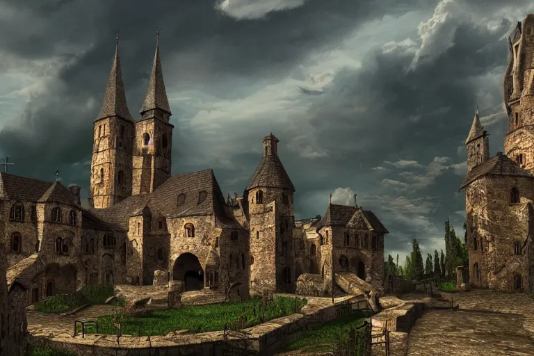 Image similar to Old Medieval architecture in a medieval valley, dramatic sky, digital art, 4k, 8k, trending on ArtStation