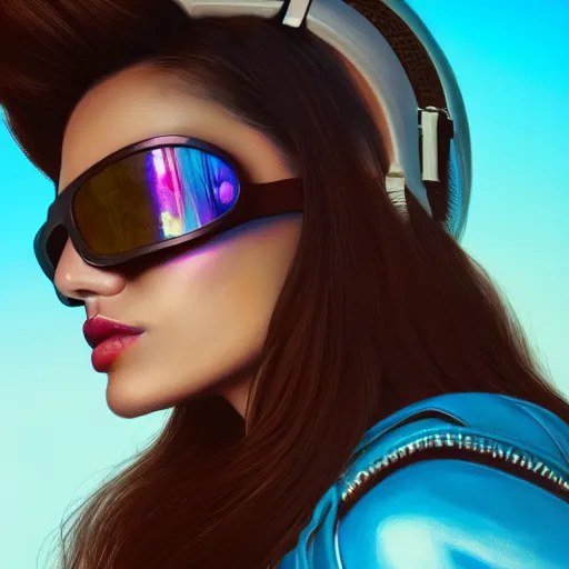 Image similar to closeup painting of a very beautiful young mexican cyberpunk woman with a smirk, wearing light blue shutter shades and a dark brown leather jacket, one side haircut, long brown hair with light blue ends, portrait, hyperdetailed, artstation, cgsociety, 8 k, synthwave by tangerine dream