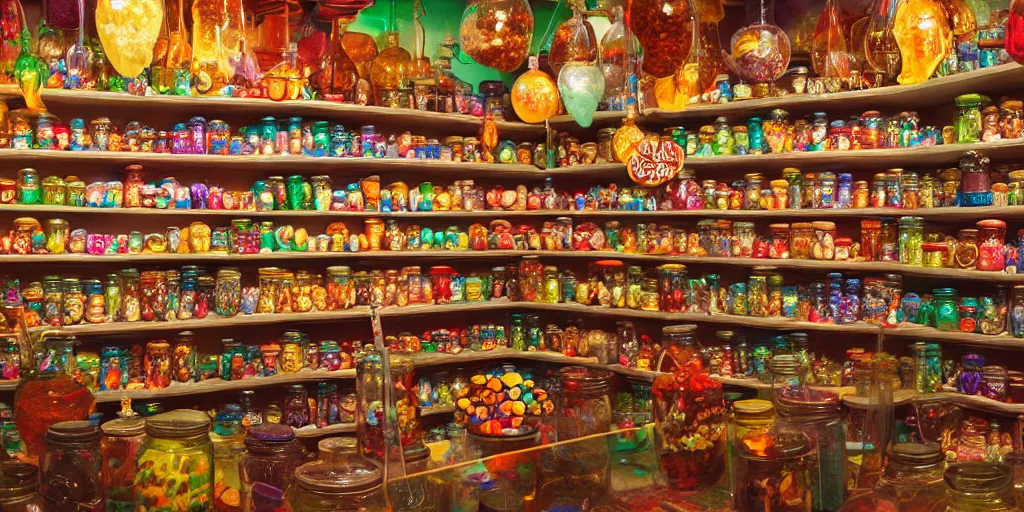 Image similar to Inside an old magical sweet shop, large jars on shelves, beautiful labels, fantasy vendor interior, wide angle, cinematic, highly detailed, photorealistic, rich bright colors, trending on artstation, trending on cgsociety