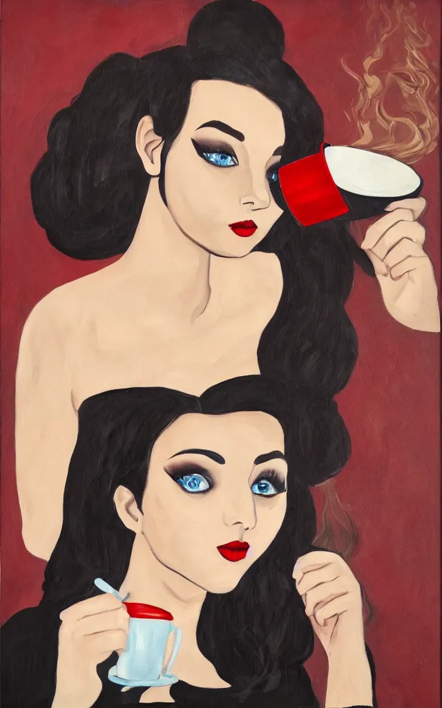 Prompt: painting of the dark - souled but beautiful princess of coffee, dark hair, blue eyes, black dress, teenager, dark eye shadow, red lips, holding a large cup of coffee.