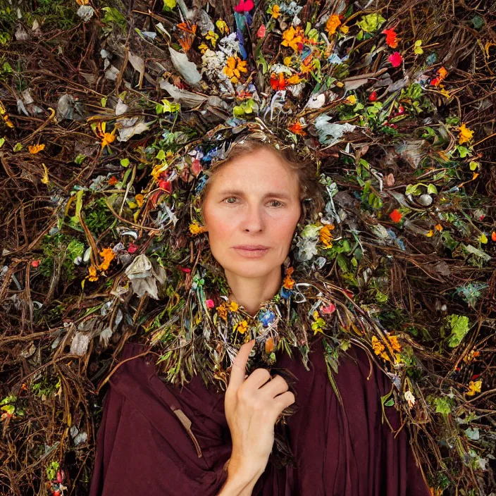 Image similar to closeup portrait of a woman wearing a cloak made of flowers and metal scraps, standing in a burnt forest, by Annie Leibovitz and Steve McCurry, natural light, detailed face, CANON Eos C300, ƒ1.8, 35mm, 8K, medium-format print