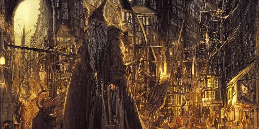 Prompt: gandalf visits copenhagen, bokeh, depth of field, hyperdetailed oil painting by jean - michel charlier, hugo pratt, moebius, intricate linework, incredibly detailed faces, extremely sharp focus, rule of thirds