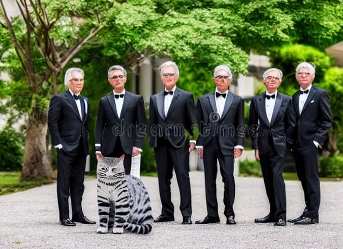 Image similar to photo of a management board meeting of well dressed cats in tuxedos. Highly detailed 8k. Intricate. Sony a7r iv 55mm. Stock photo.