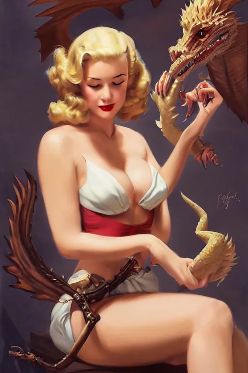 Image similar to portrait of 1 9 4 0 s blonde pinup girl holding a dragon, by greg rutkowski, rossdraws, gil elvgren, enoch bolles, porcelain skin, glistening, very coherent,