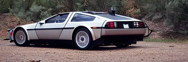 Image similar to a single delorean and tesla roadster hybrid, dslr