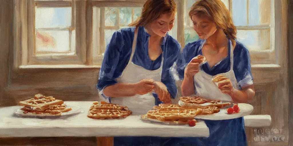 Image similar to A couple baking waffles together, oil painting, romantic