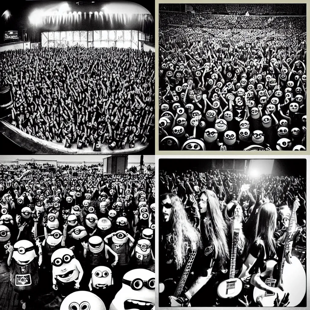 Prompt: “A heavy metal show, attended by minions, in black and white”