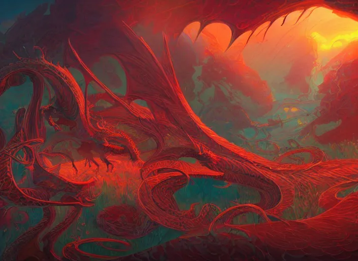 Image similar to psychedelic concept art of a dragon landscape made of thousands of spiraling dragons, cel shaded, in the style of makoto shinkai and moebius and peter mohrbacher and anton fadeev