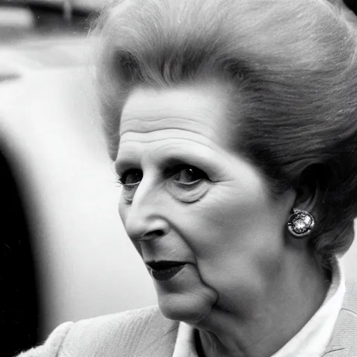 Prompt: margaret thatcher on a rainy day