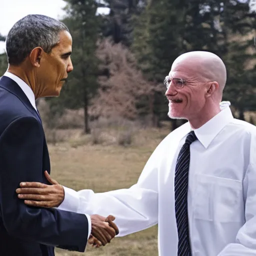 Image similar to press photo of Obama shaking hands with Walter White