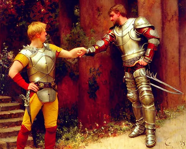 Image similar to arthur pendragon flirting wit his knight. the knight is also flirting back, highly detailed painting by gaston bussiere, craig mullins, j. c. leyendecker