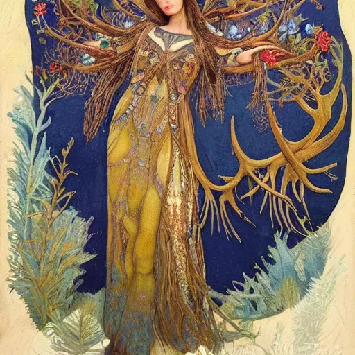 Prompt: queen of the forest wearing an antler crown, by Annie Swynnerton and Nicholas Roerich and (((Donato Giancola))), embroidered robes, floral tattoos, bioluminescent skin!, elaborate costume, geometric ornament, symbolist, soft colors, dramatic lighting, smooth, sharp focus, extremely detailed