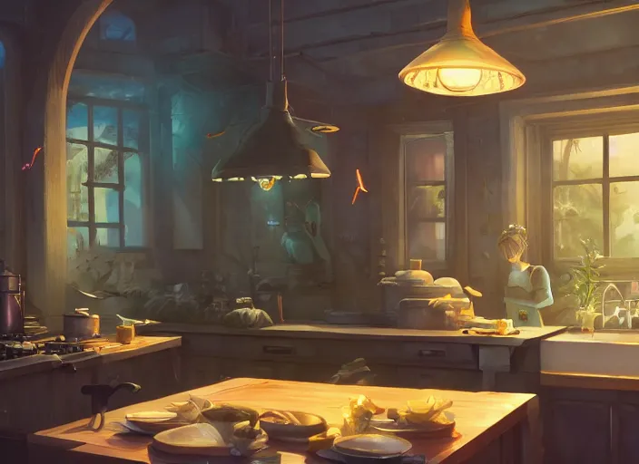 Image similar to inside a kitchen, unreal engine, fantasy art by greg, loish, rhads, ferdinand knab, tom bagshaw, makoto shinkai and lois van baarle, rossdraws, ilya kuvshinov, night lighting, trending on studio ghibli, highly detailed, 8 k, octane render