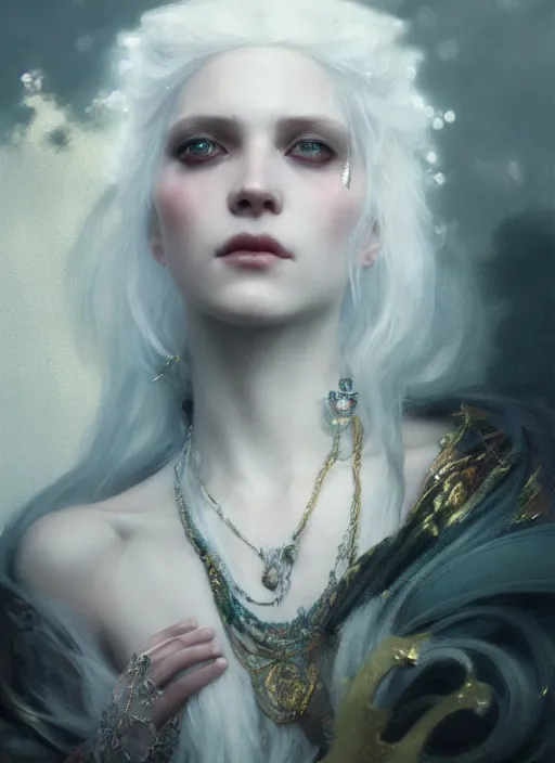Image similar to a beautiful white haired princess, adorned with precious stone jewelry, intricate concept art, ominous, gorgeous dark fantasy, misty, dramatic lighting, octane render, 8 k, ruan jia and jeremy mann and tom bagshaw and alphonse mucha