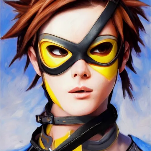 Image similar to oil painting of tracer overwatch in a field wearing very large black leather belt choker collar around neck, in style of mark arian, expressive face, very detailed face, very detailed eyes, belt around neck, full body, feminine face, tracer overwatch,