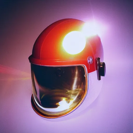 Prompt: vintage analog product photography of a space helmet, 70s design, , bright red, studio lighting, film grain, lensflare, color bleed, glare