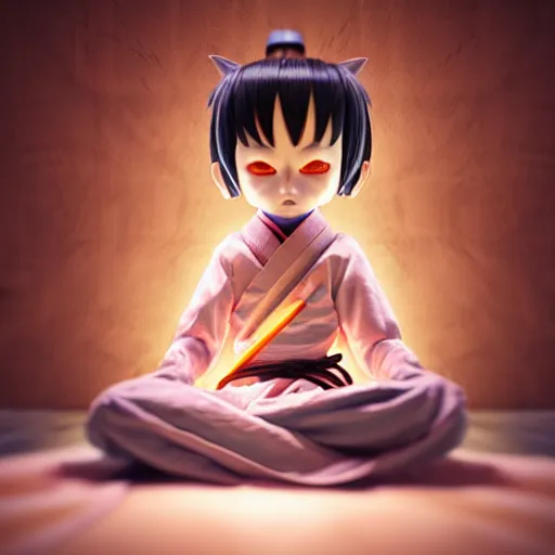 Image similar to a tiny adorable demonic samurai meditating, wrapped in sacred parchment with glowing text, substance 3 d painter, cinematic, hyper realism, high detail, octane render, unreal engine, 8 k, high contrast, art by shintaro kago and moebius, overwatch character, aperture f 2. 8