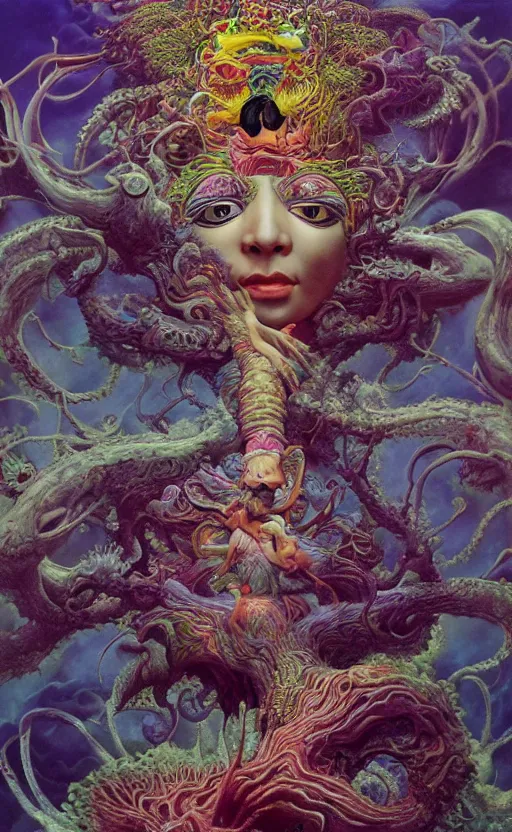 Image similar to ultrawide angle colour masterpiece surreal closeup portrait photography of hindu god creatures by miho hirano and annie leibovitz and michael cheval, weird surreal epic psychedelic complex biomorphic 3 d fractal landscape in background by kilian eng and roger dean and salvador dali and beksinski, 8 k