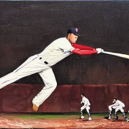 Image similar to Baseball player hitting the ball with the baseball bat in the middle of the game and in front of everyone in the stadium, James Gurney painting style